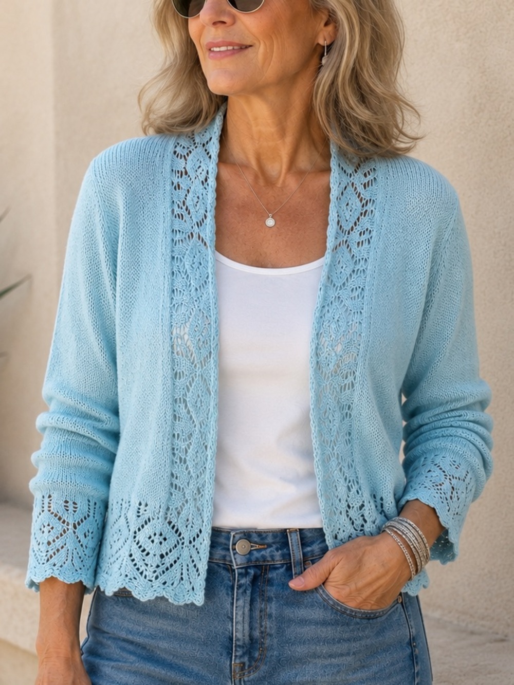Caslon Light Blue Knit Crochet Cotton Cardigan, Large
